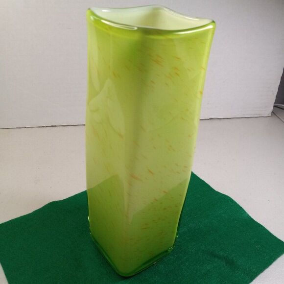 Green w/ Orange Streaks White Inside Art Studio Hand blown Vase Cottagecore - Picture 3 of 6